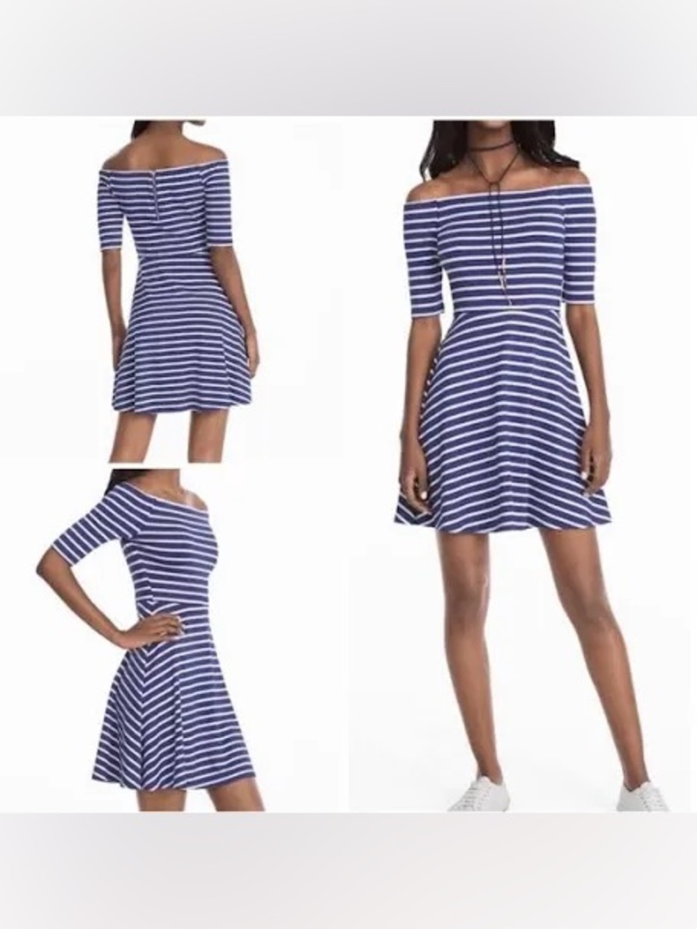 White House Black Market XS Off-Shoulder Blue & White Stripe Fit-and-Flare Dress